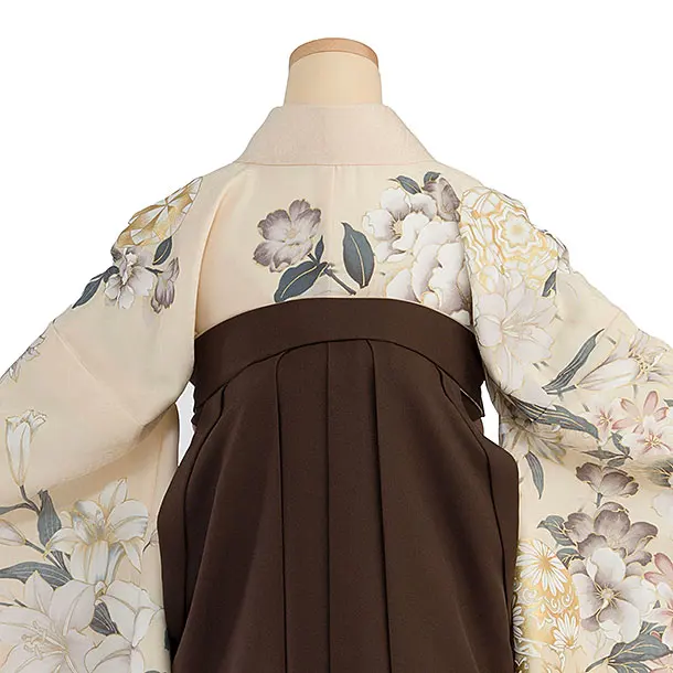卒業式女性袴 A069 クリーム 華鞠／茶色 花七宝袴袴