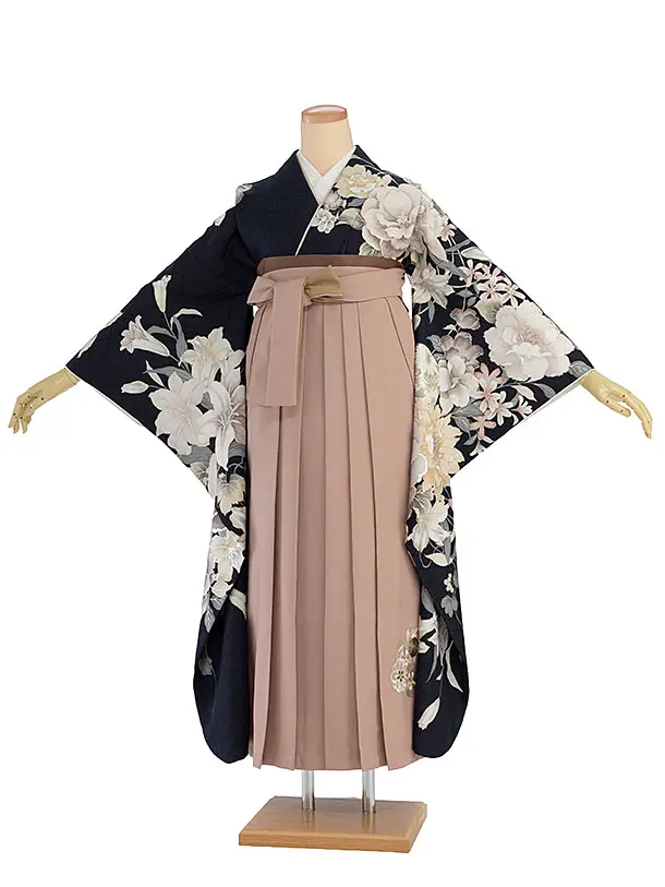 卒業式女性袴 A071 濃紺 華鞠／くすみピンク 花七宝袴袴