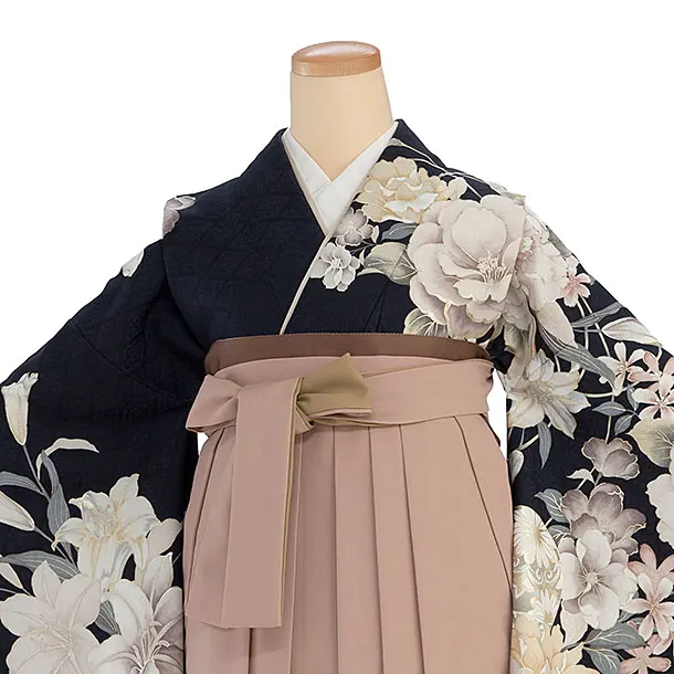 卒業式女性袴 A071 濃紺 華鞠／くすみピンク 花七宝袴袴