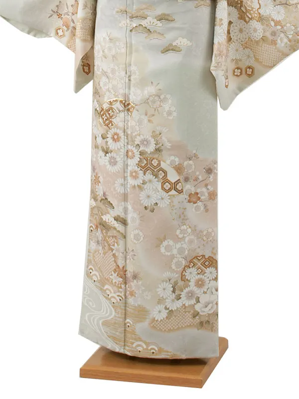 訪問着 薄緑 雪輪 扇絵に菊花 604