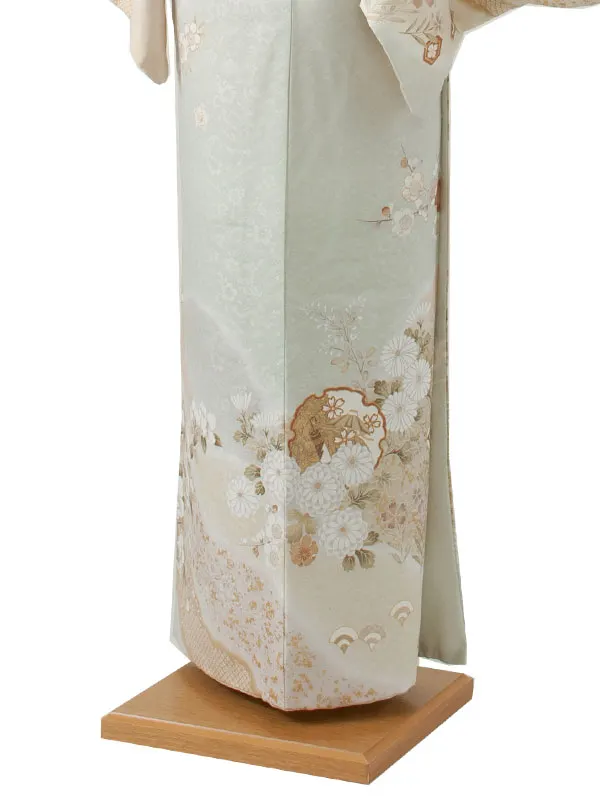 訪問着 薄緑 雪輪 扇絵に菊花 604