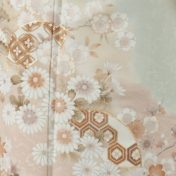 訪問着 薄緑 雪輪 扇絵に菊花 604