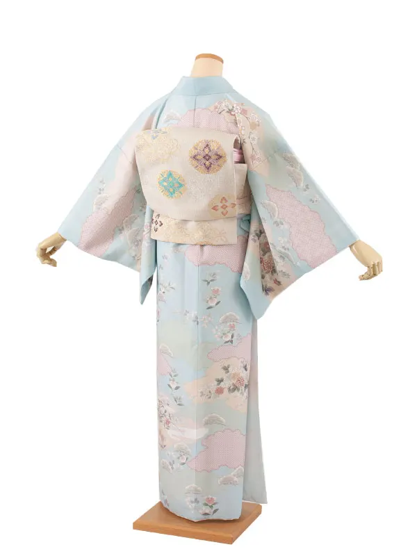 訪問着 水色地 雲取り 四季花 605