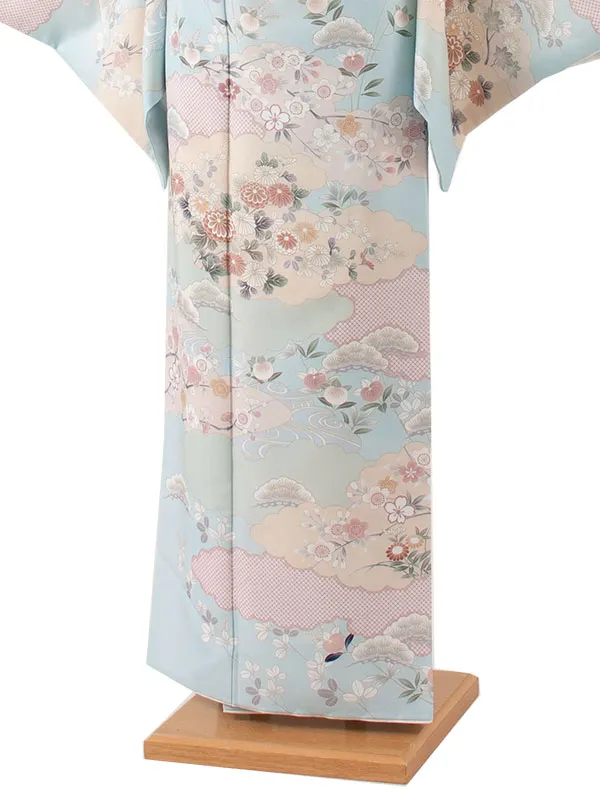 訪問着 水色地 雲取り 四季花 605