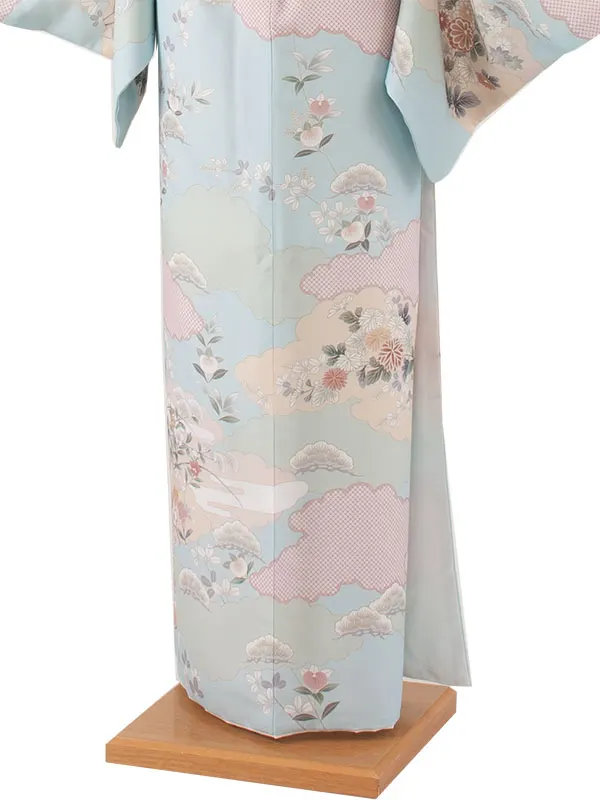 訪問着 水色地 雲取り 四季花 605