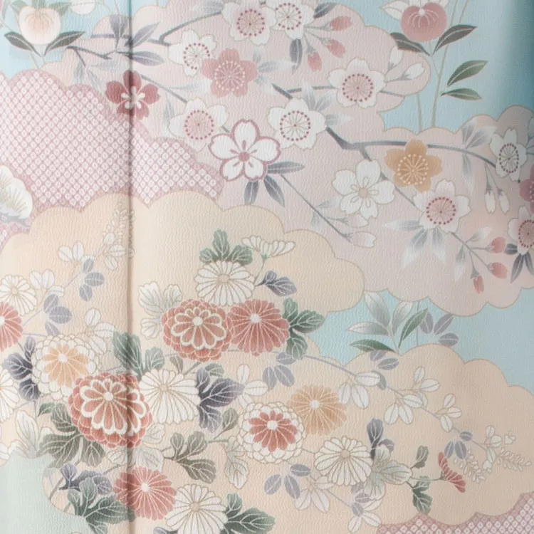 訪問着 水色地 雲取り 四季花 605