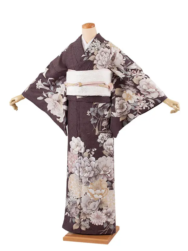 訪問着 ダークグレー 牡丹に百合 616