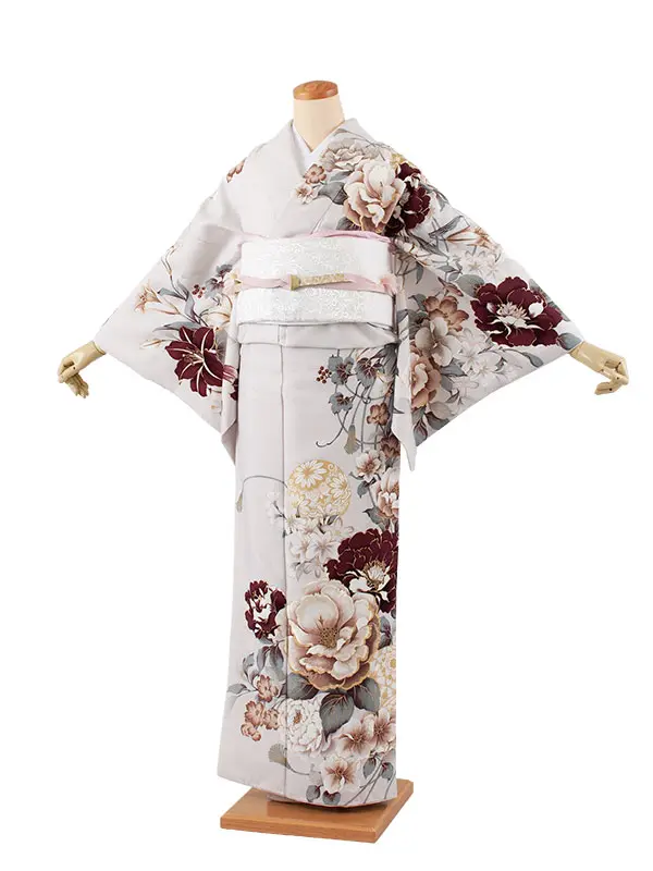訪問着 薄グレー 牡丹に百合 617