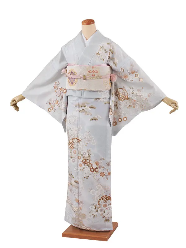 訪問着 単衣 薄青色 雪輪 扇面 A001