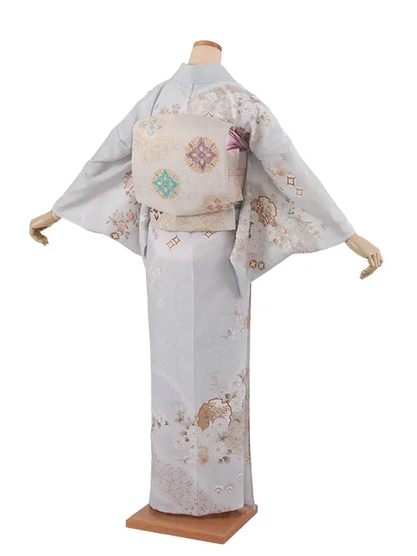 訪問着 単衣 薄青色 雪輪 扇面 A001