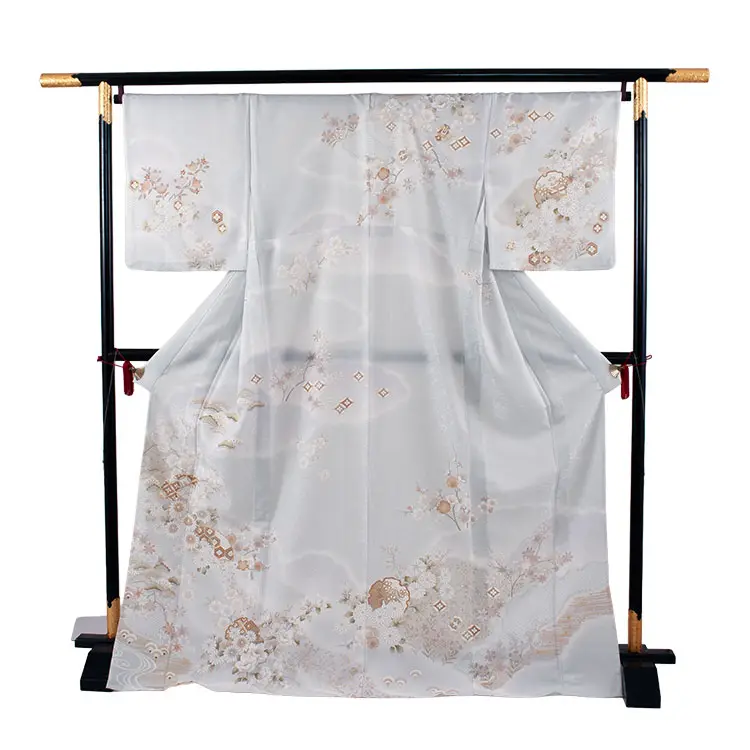 訪問着 単衣 薄青色 雪輪 扇面 A001