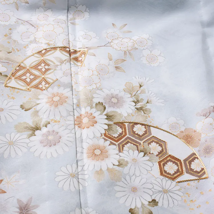 訪問着 単衣 薄青色 雪輪 扇面 A001