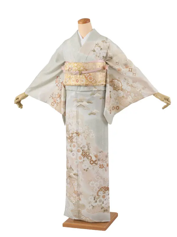 訪問着 単衣 薄緑色 雪輪 扇面 A003