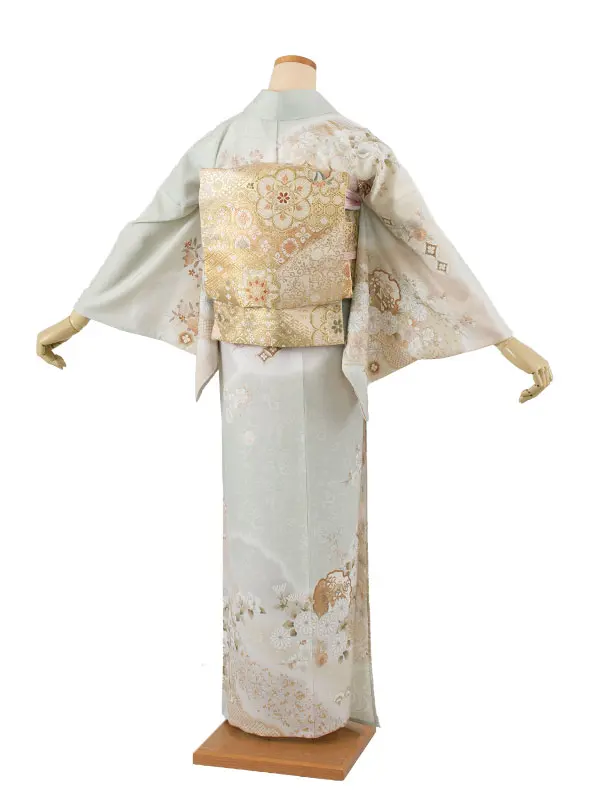 訪問着 単衣 薄緑色 雪輪 扇面 A003