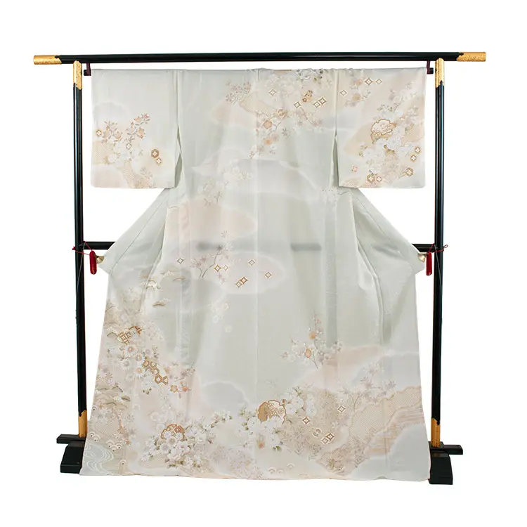 訪問着 単衣 薄緑色 雪輪 扇面 A003