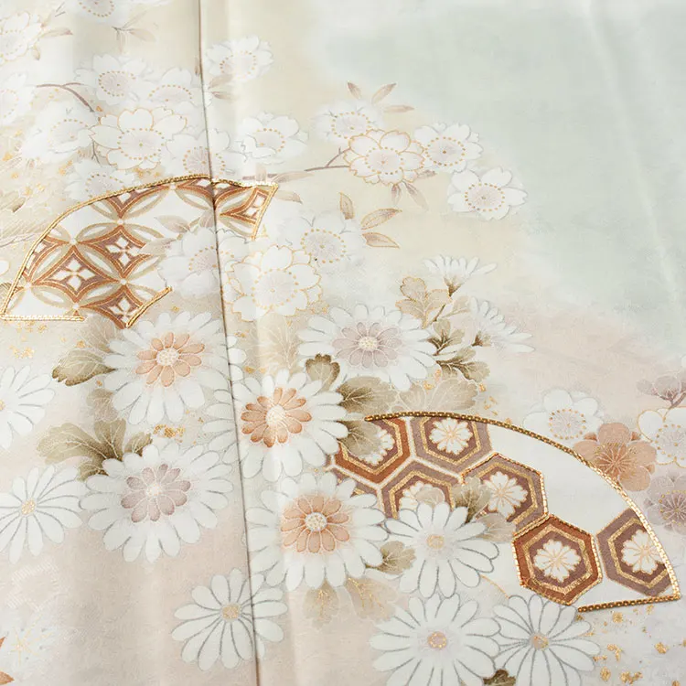 訪問着 単衣 薄緑色 雪輪 扇面 A003