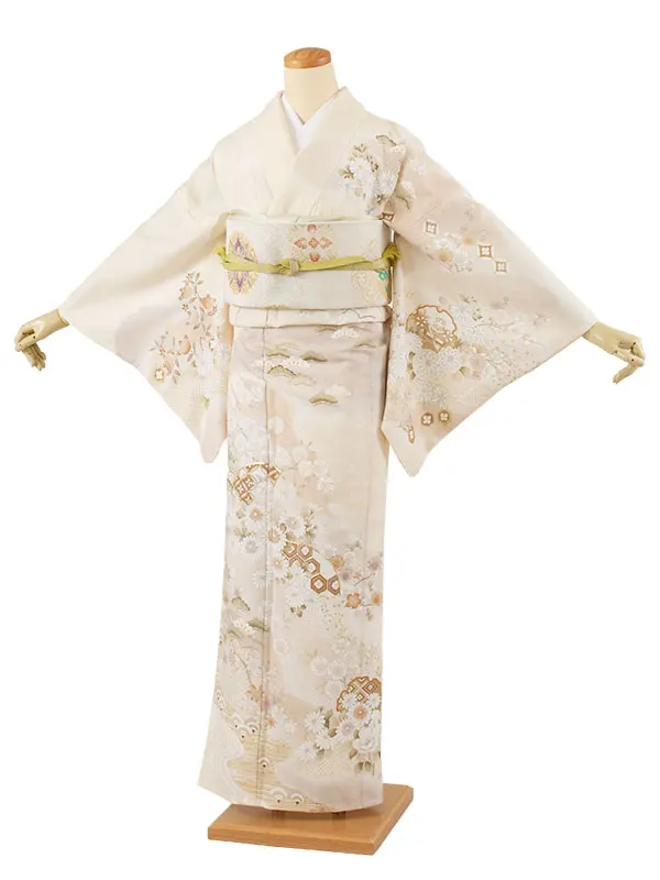 訪問着 単衣 クリーム 雪輪 扇面 A004