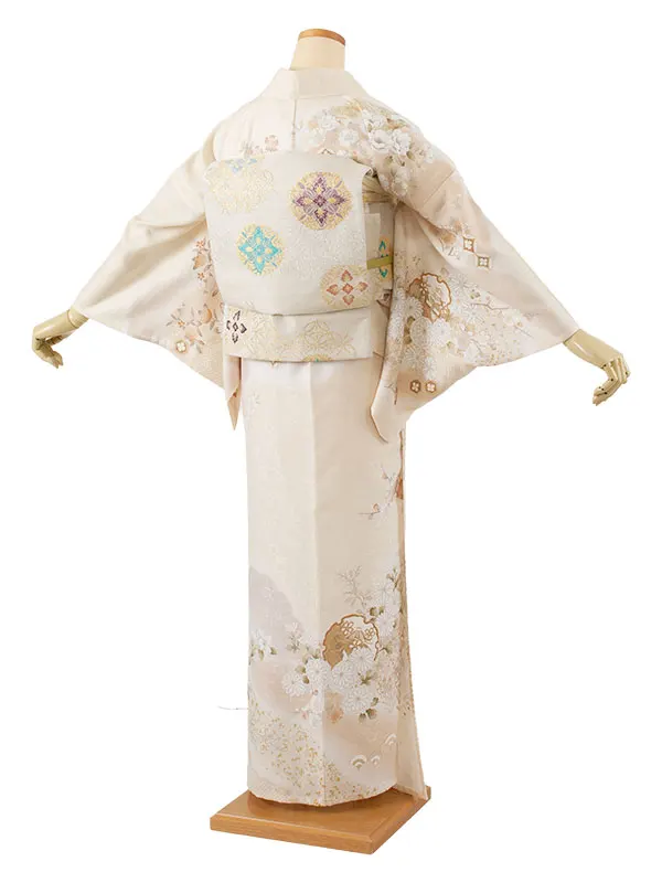 訪問着 単衣 クリーム 雪輪 扇面 A004