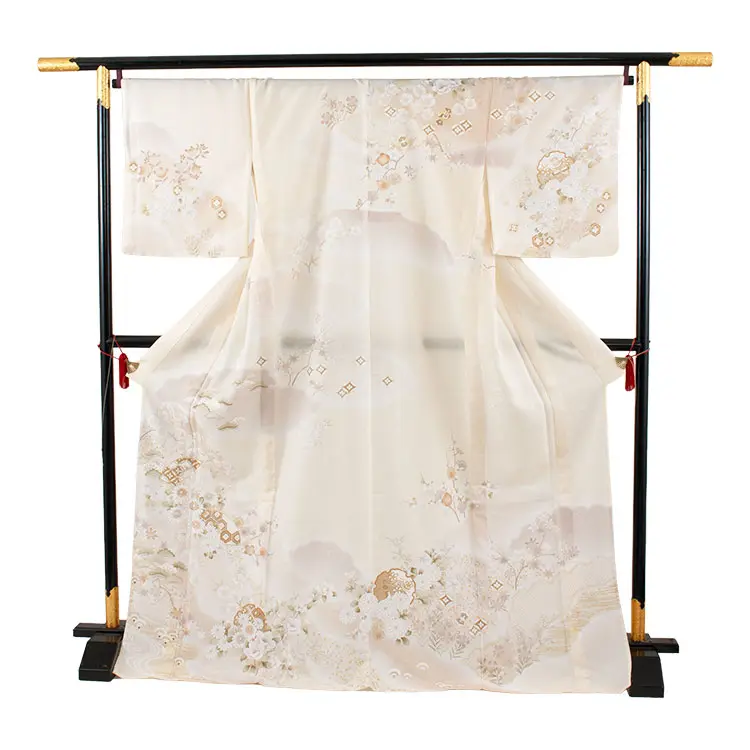 訪問着 単衣 クリーム 雪輪 扇面 A004