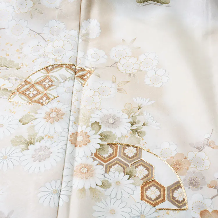 訪問着 単衣 クリーム 雪輪 扇面 A004