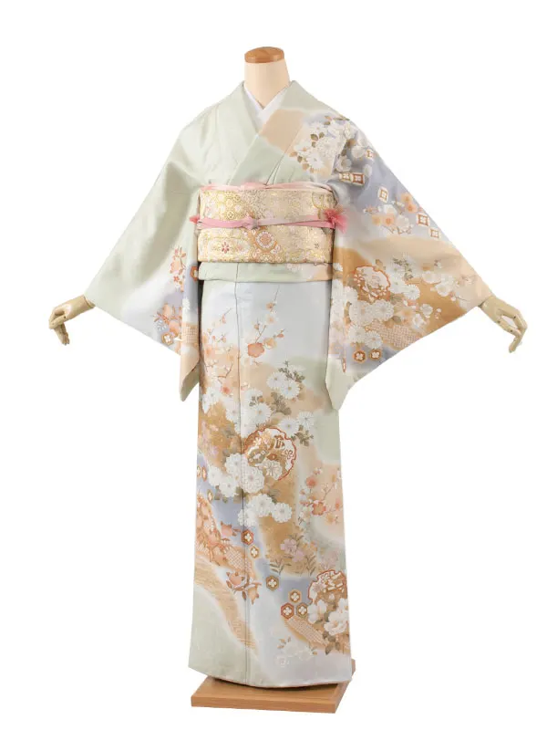 訪問着 単衣 ライトグリーン 雪輪 A007