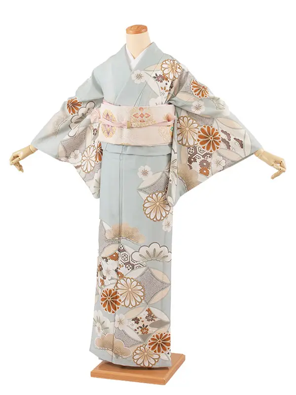 訪問着 単衣 紅一点 グレー 七宝に菊 A008 紅一点