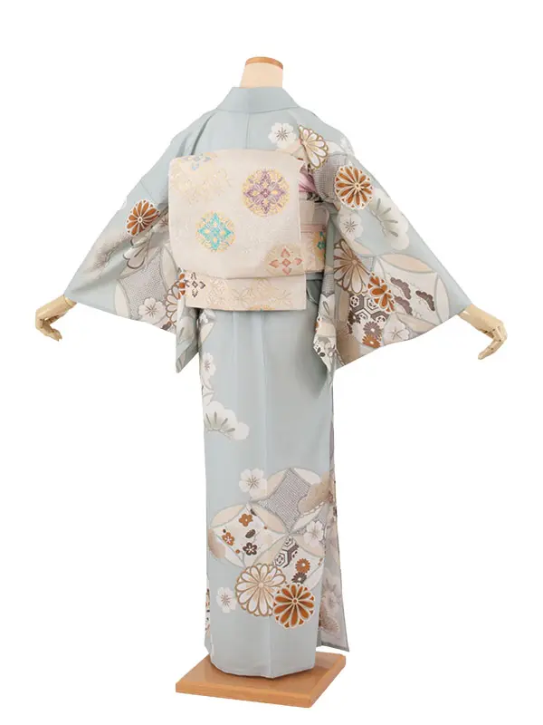 訪問着 単衣 紅一点 グレー 七宝に菊 A008 紅一点