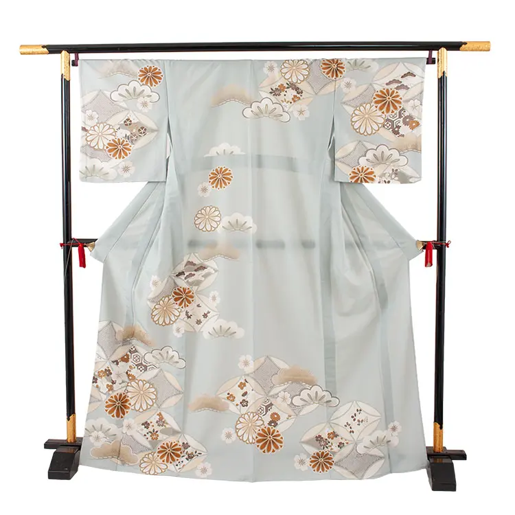 訪問着 単衣 紅一点 グレー 七宝に菊 A008 紅一点