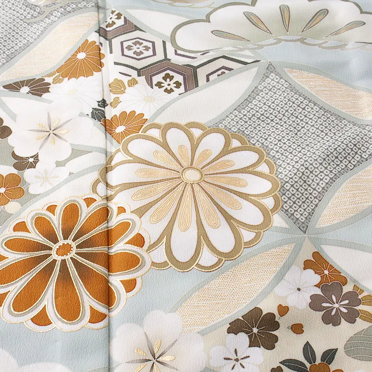 訪問着 単衣 紅一点 グレー 七宝に菊 A008 紅一点