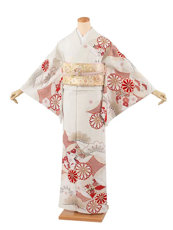 訪問着 単衣 紅一点 アイボリー 七宝に菊 A009 紅一点