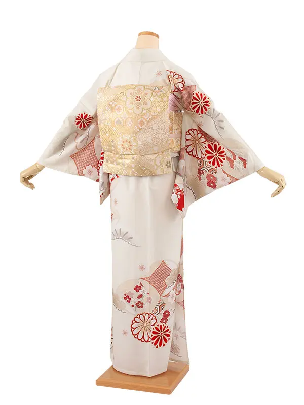 訪問着 単衣 紅一点 アイボリー 七宝に菊 A009 紅一点