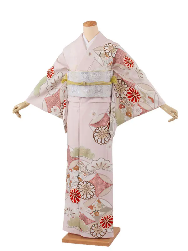 訪問着 単衣 紅一点 ピンク 七宝に菊 A010 紅一点