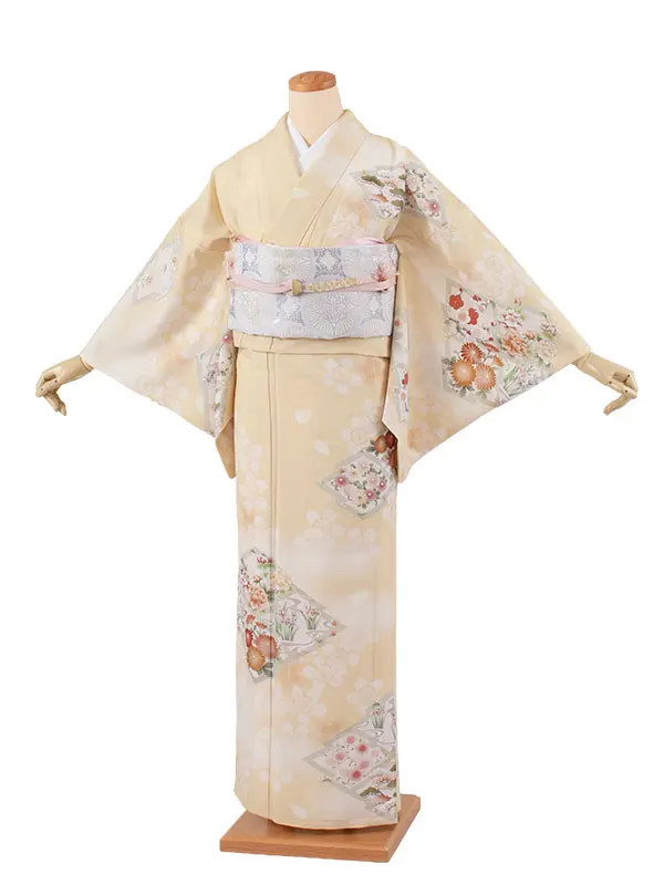 訪問着 単衣 華徒然 黄色 松皮菱に花 A011 華徒然