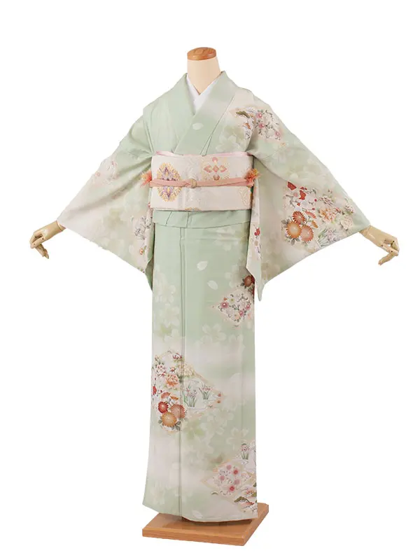 訪問着 単衣 華徒然 淡グリーン 松皮菱に花 A012 華徒然