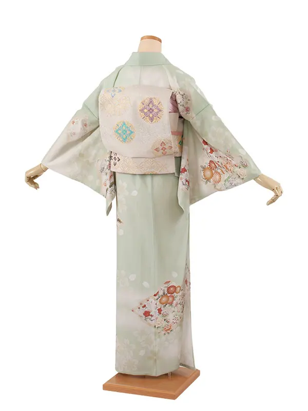 訪問着 単衣 華徒然 淡グリーン 松皮菱に花 A012 華徒然