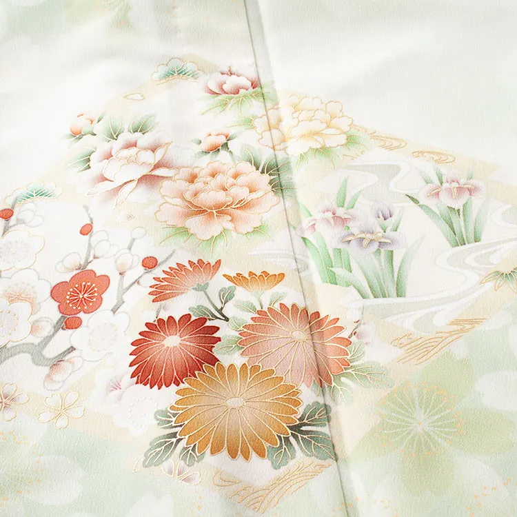 訪問着 単衣 華徒然 淡グリーン 松皮菱に花 A012 華徒然