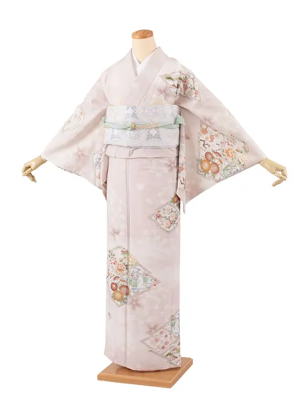 訪問着 単衣 華徒然 ピンク 松皮菱に花 A013 華徒然