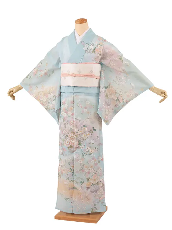 訪問着 絽 空色 花籠に四季花 A014