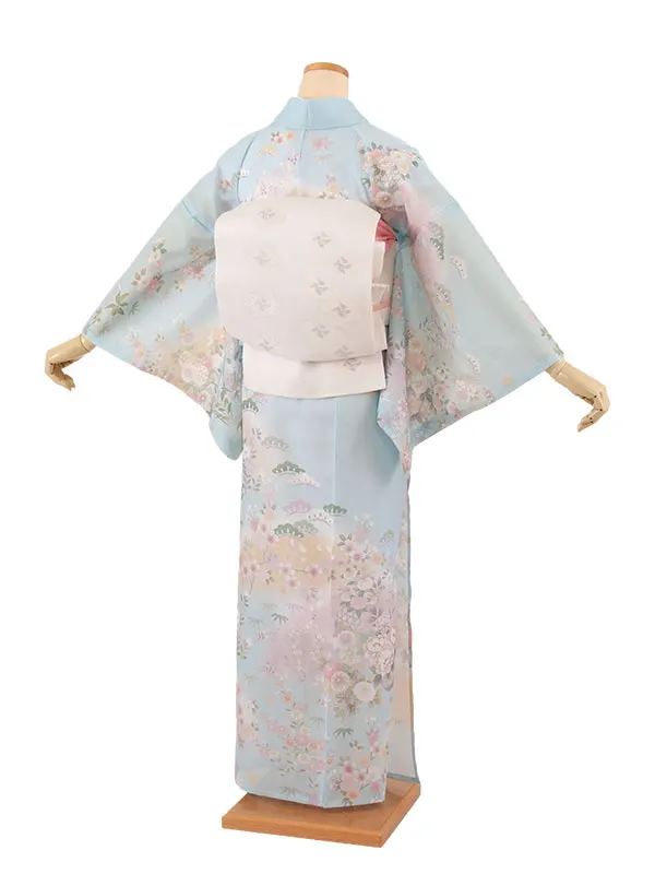 訪問着 絽 空色 花籠に四季花 A014