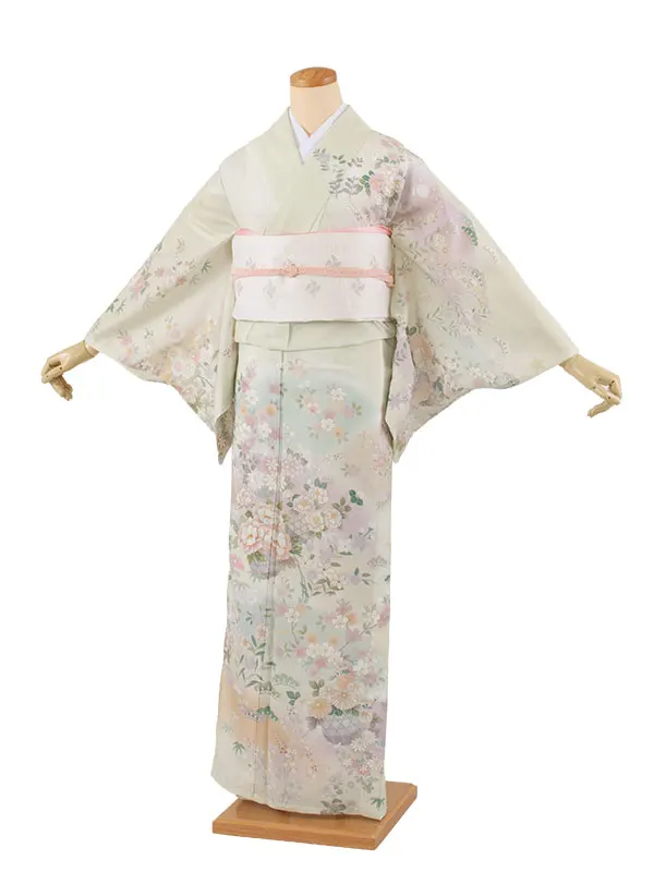 訪問着 絽 薄黄緑色 花籠に四季花 A015