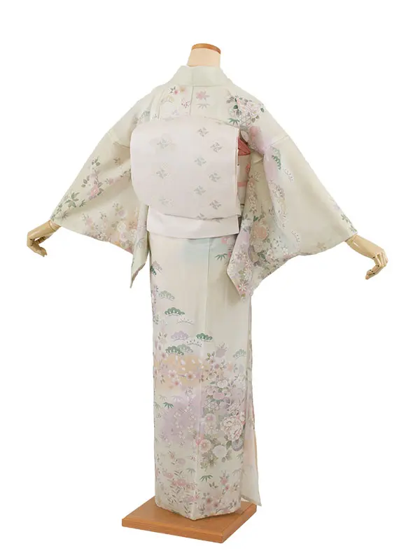 訪問着 絽 薄黄緑色 花籠に四季花 A015