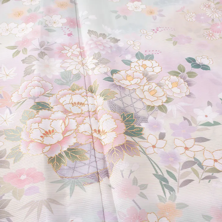 訪問着 絽 薄黄緑色 花籠に四季花 A015