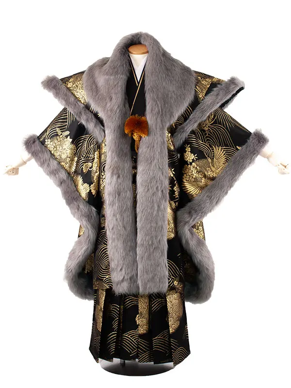 男性用袴 打掛紋付 黒地 豪華絢爛 鶴 ファー付き /5Z12