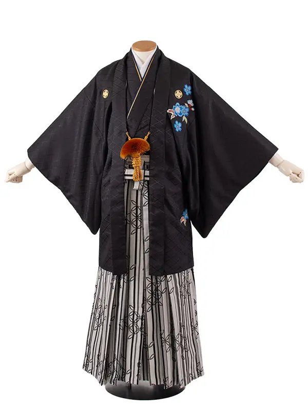 男性用袴 黒地 青桜 刺繍 /6B22