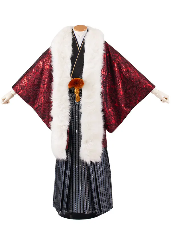 男性用袴 赤地 花柄 ファー付き /6R17