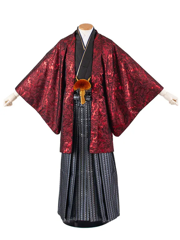 男性用袴 赤地 花柄 ファー付き /6R17