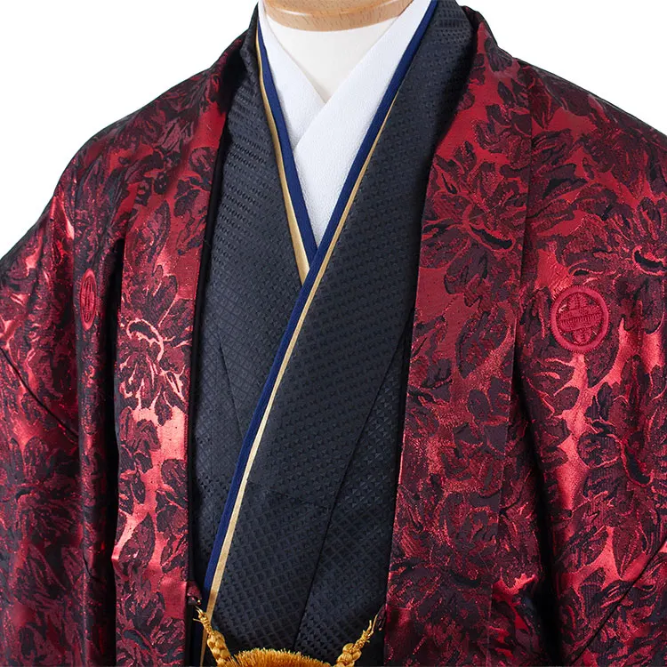 男性用袴 赤地 花柄 ファー付き /6R17