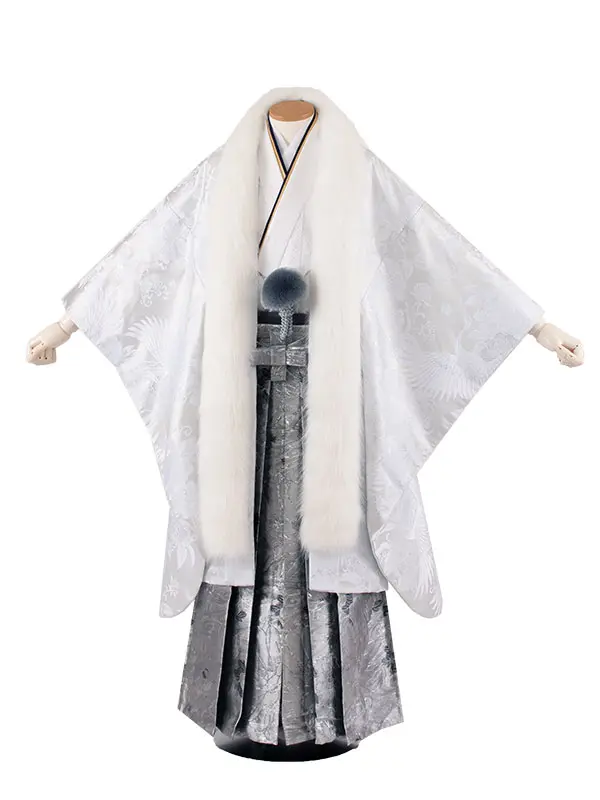 男性用袴 打掛紋付 白シルバー 豪華絢爛 鶴 牡丹 ファー付き /6Z33