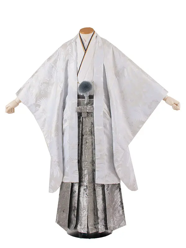 男性用袴 打掛紋付 白シルバー 豪華絢爛 鶴 牡丹 ファー付き /6Z33