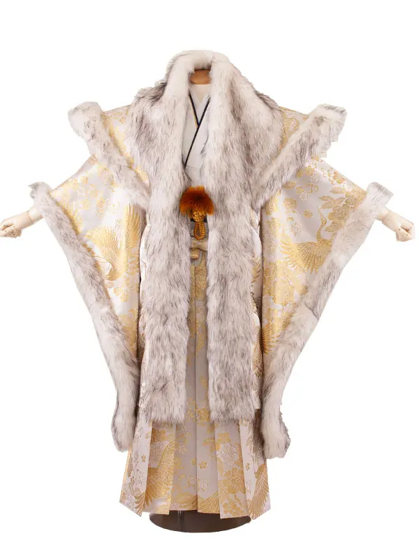 男性用袴 打掛紋付 白地 豪華絢爛 鶴 牡丹 ファー付き /6Z34